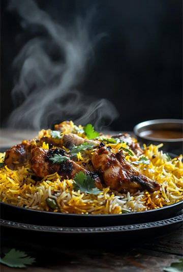 Chicken biryani served with steam